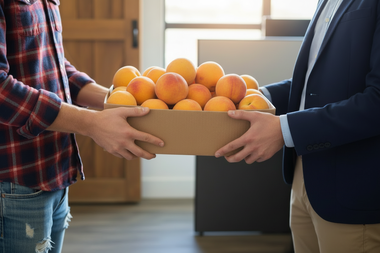Create an image of farm hands passing off a cardboard box of fruit to an office employee. In the cardboard box of fruit you can include fruits such as pears, peaches, cherries, apricots, apples, and plums. Do not show or include any faces.